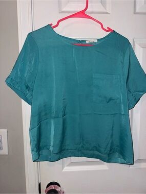 Pleione Teal Satin Short-Sleeve Pocket Blouse
